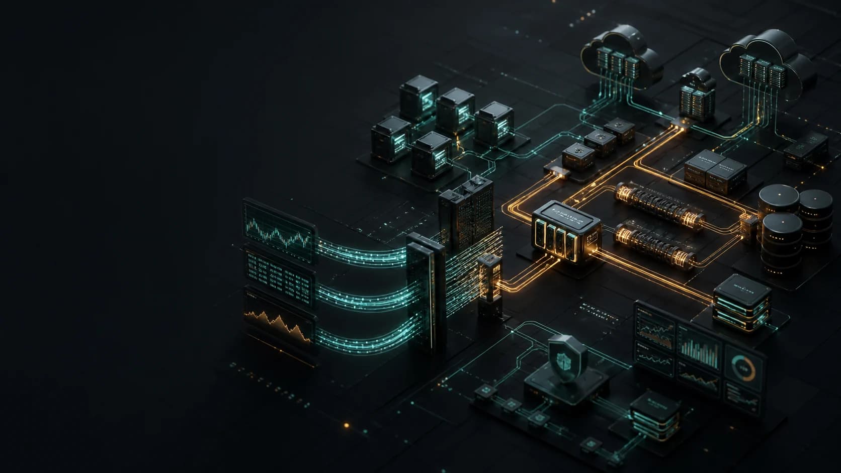 Illustrated distributed fintech architecture with streaming data, services, cloud infrastructure, and observability